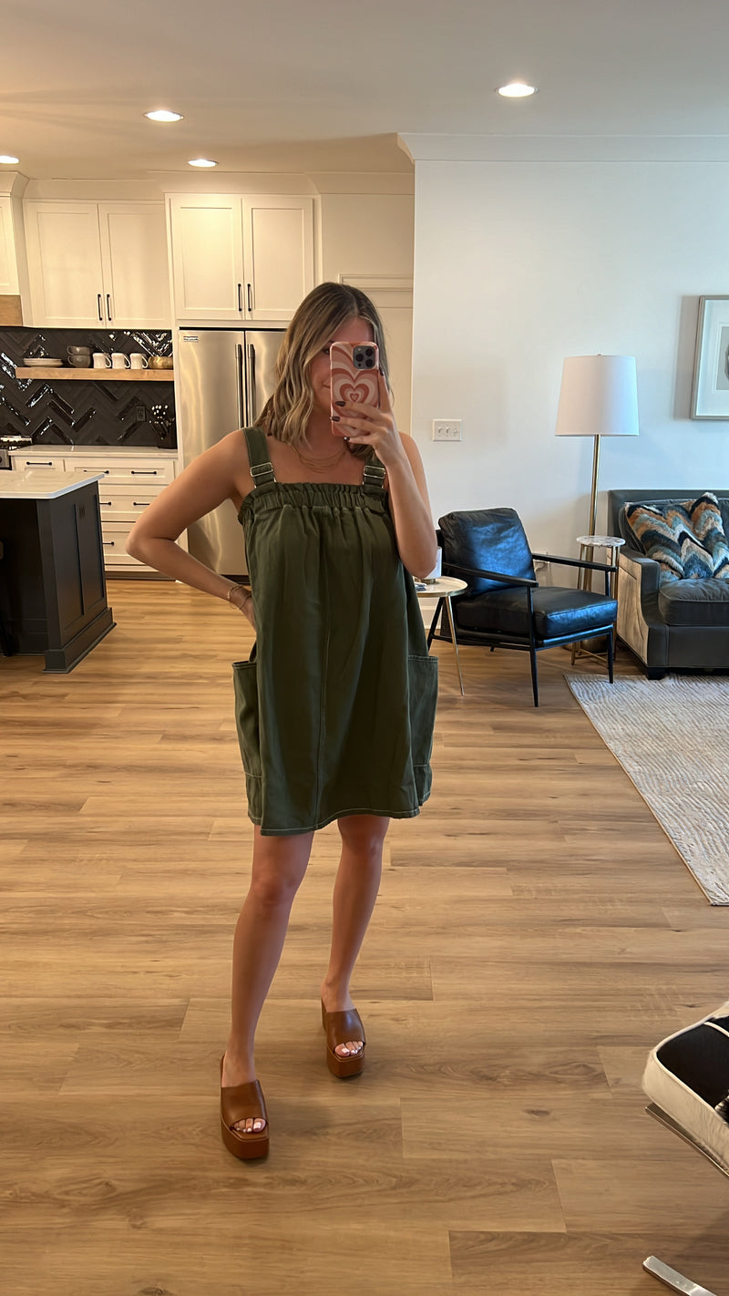 Overall Cotton Dress, Olive