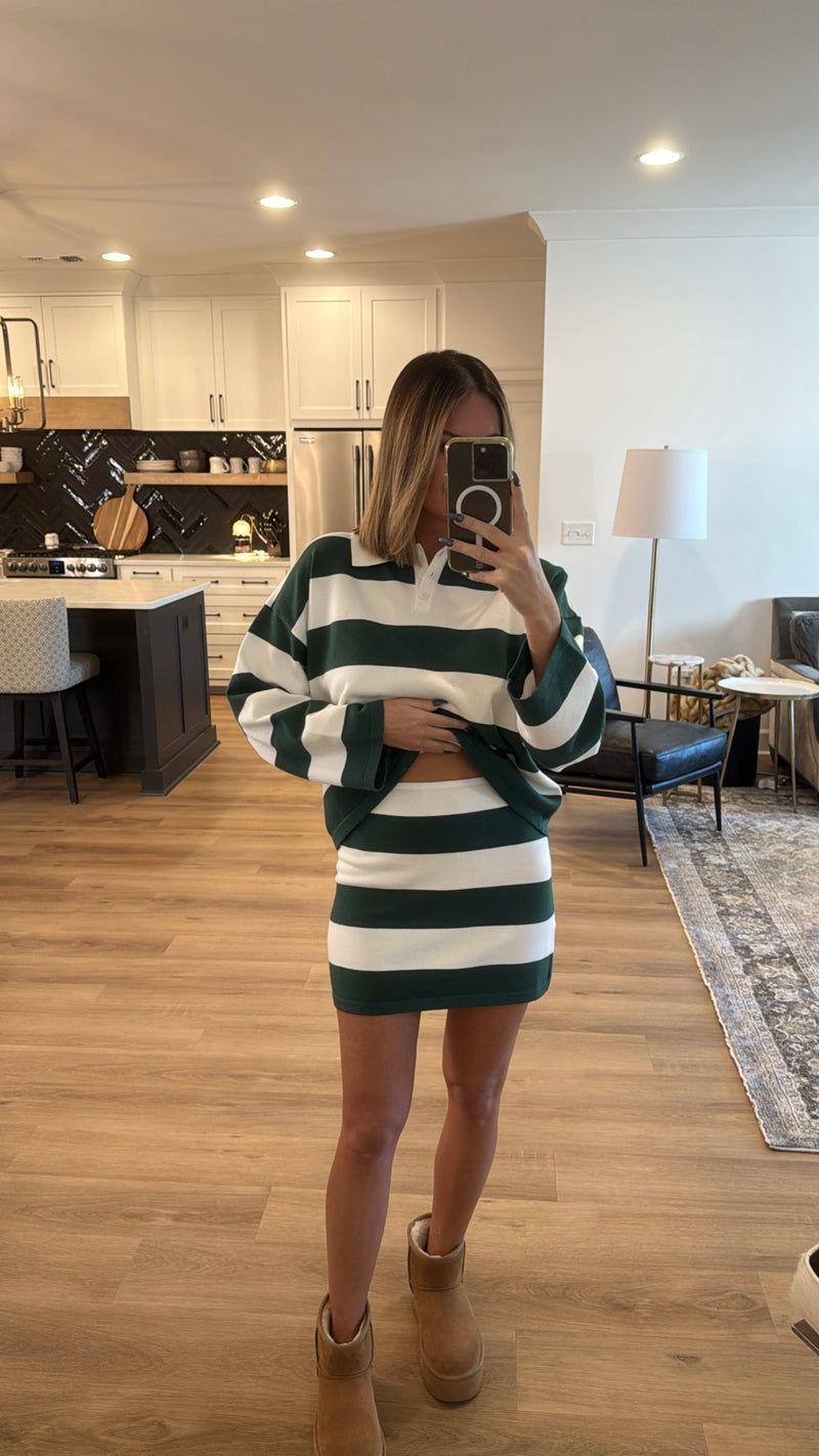 Striped Boxy Sweater and Mini Skirt Set, Green-White Stripe