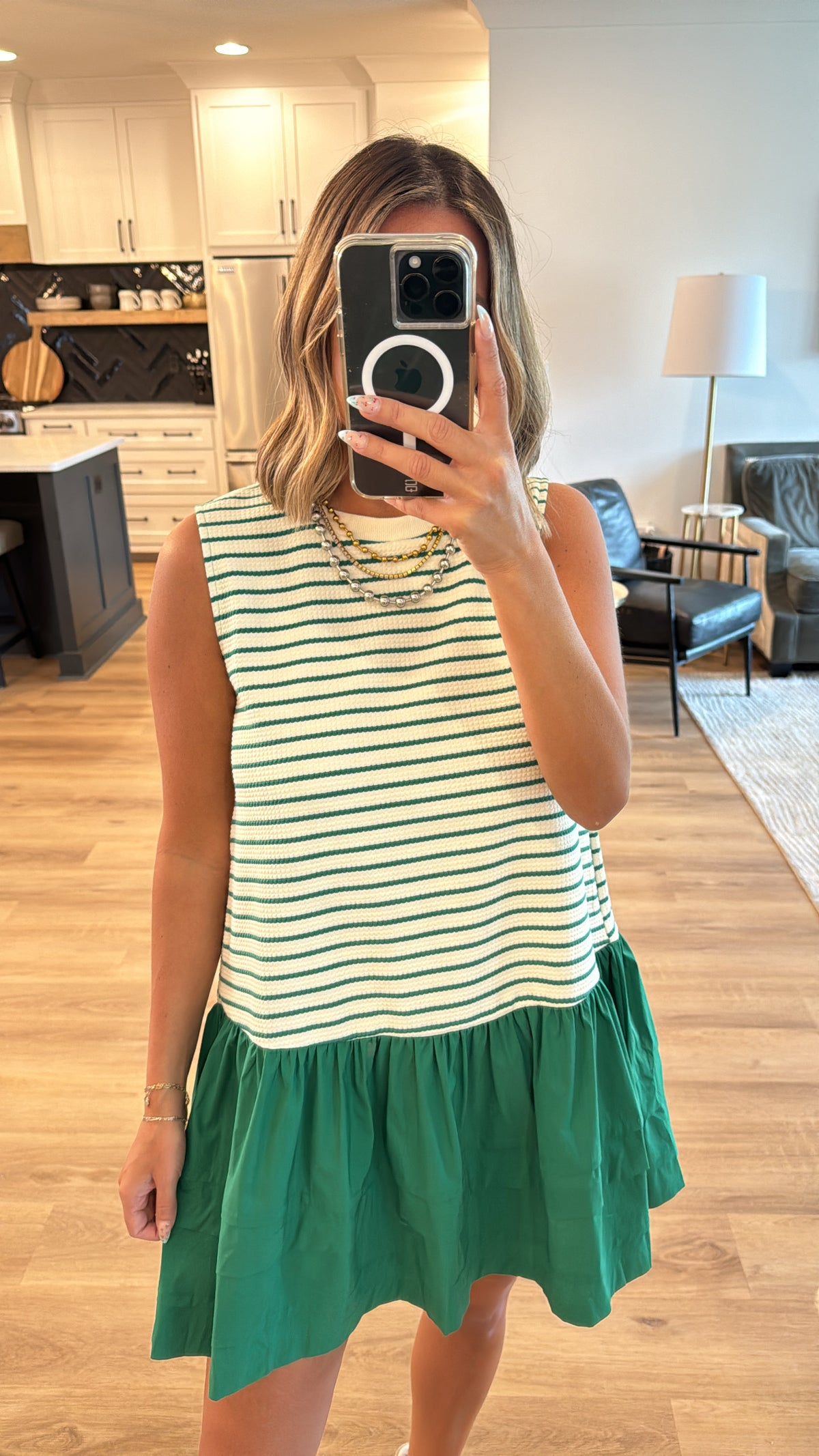 Augusta Stripe Woven Mini Dress, Ivory/Green Stripe