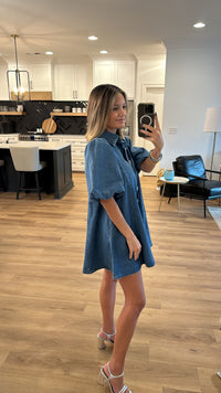 Jewel Bow Button Denim Mini Dress, Denim