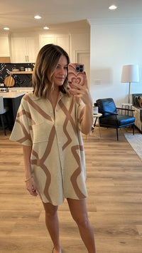 Short Sleeve Sweater Dress, Cream-Tan Abstract
