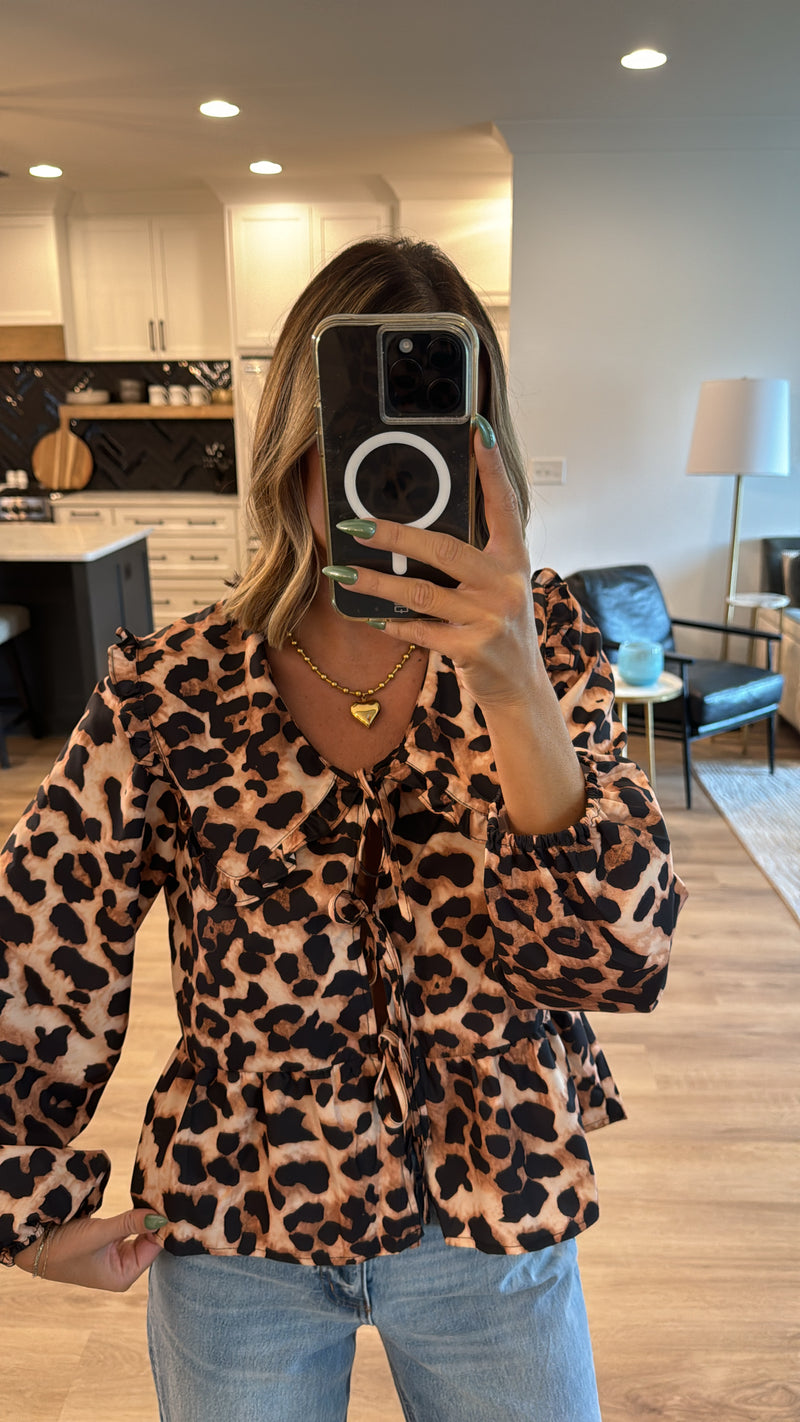 Leopard Tie Front Long Sleeve Blouse, Leopard