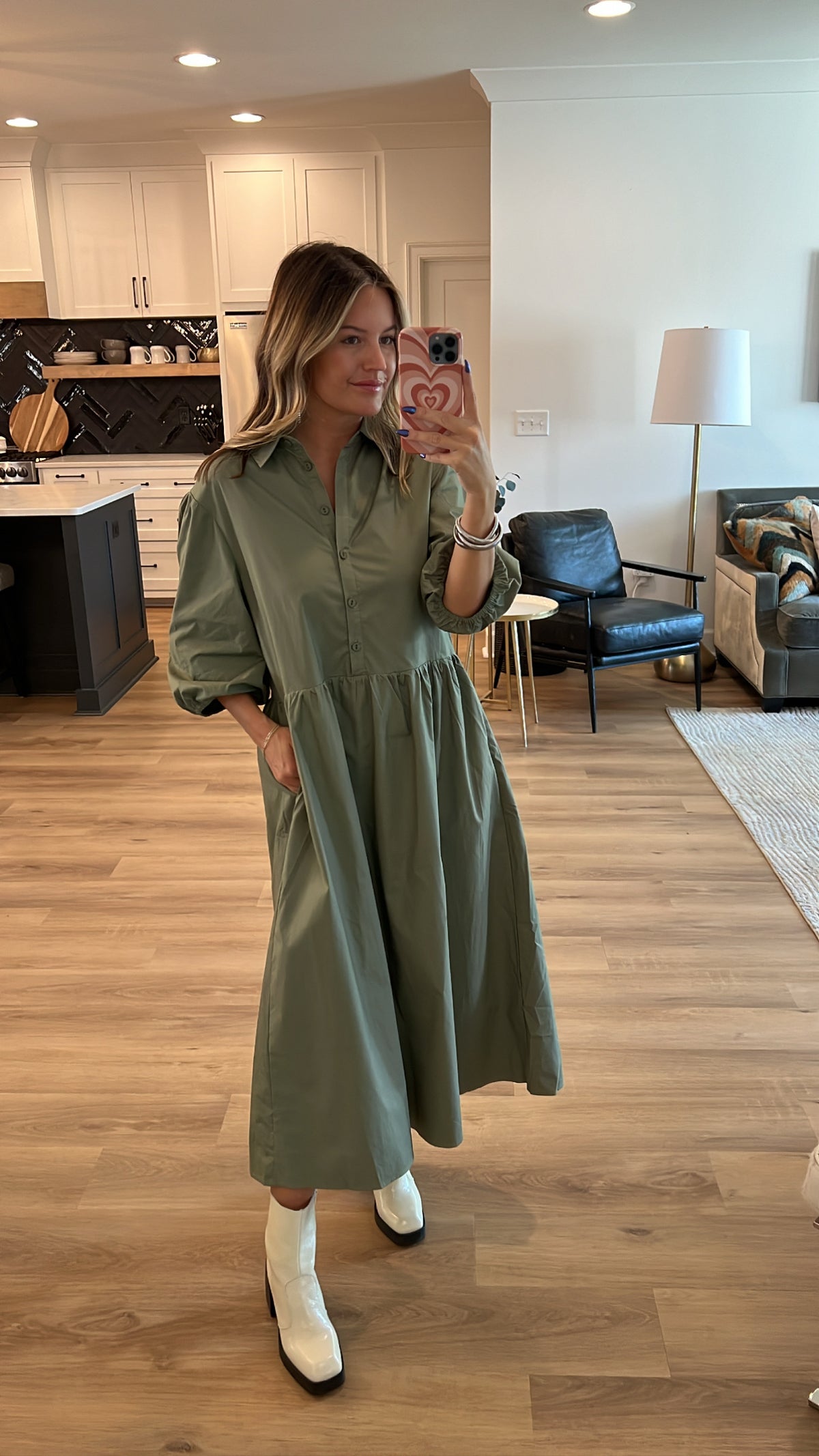 Button Front Puff Sleeve Maxi Dress, Olive