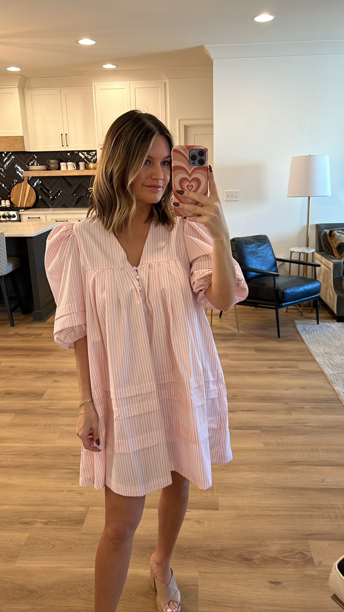 Afternoon Tea Puff Sleeve Mini Dress, Pink Stripe