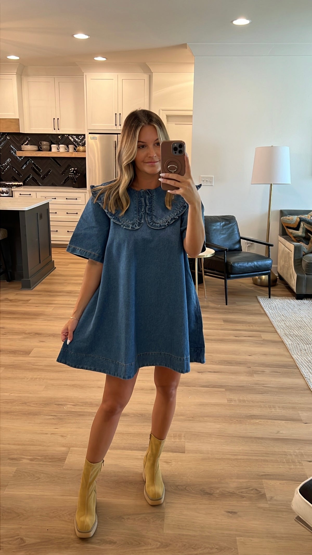 Peter Pan Collar Denim Mini Dress, Dark Denim