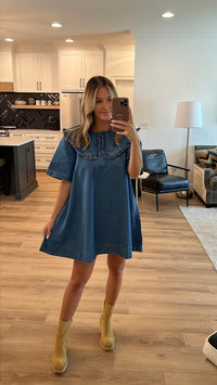 Peter Pan Collar Denim Mini Dress, Dark Denim