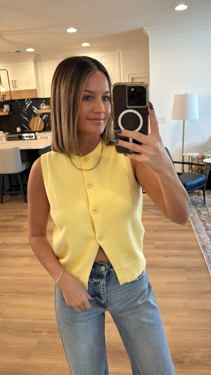 Sleeveless Button Front Sweater Top, Light Yellow