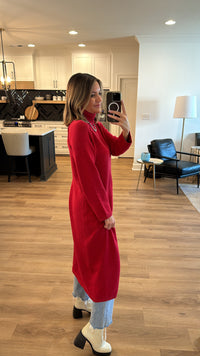 Turtleneck Long Sweater Tunic, Red