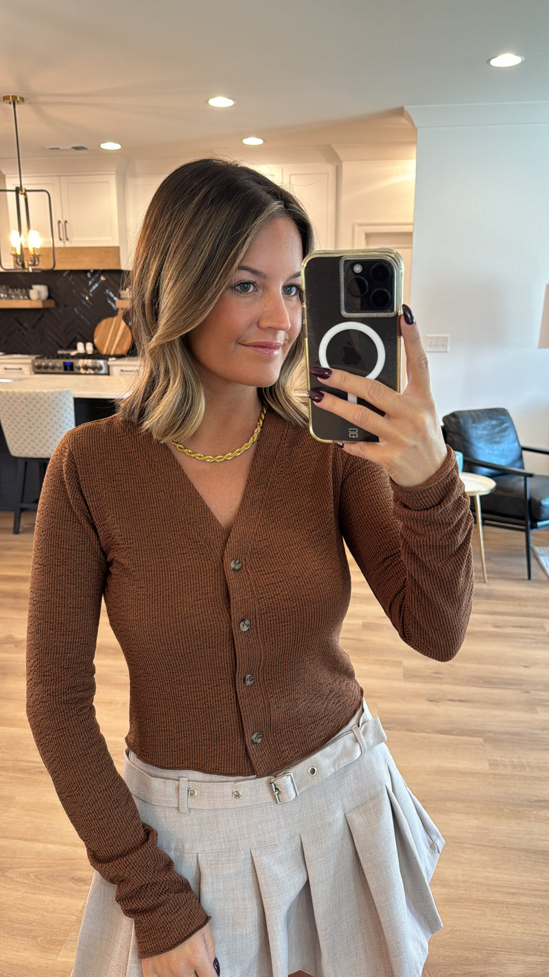 Textured Cardigan Top, Chestnut