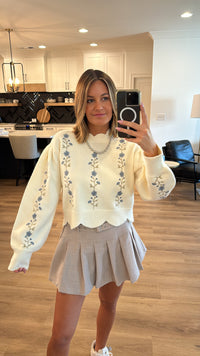 Embroidered Scalloped Sweater Top, Cream