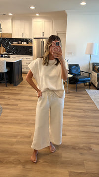 Textured Short Sleeve Top and Cropped Wide Leg Pant Set, Cream
