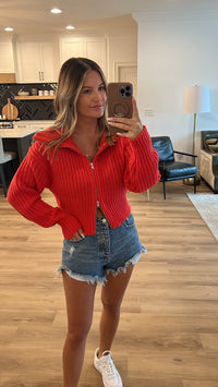City Girl Zip Up Sweater, Tomato Red