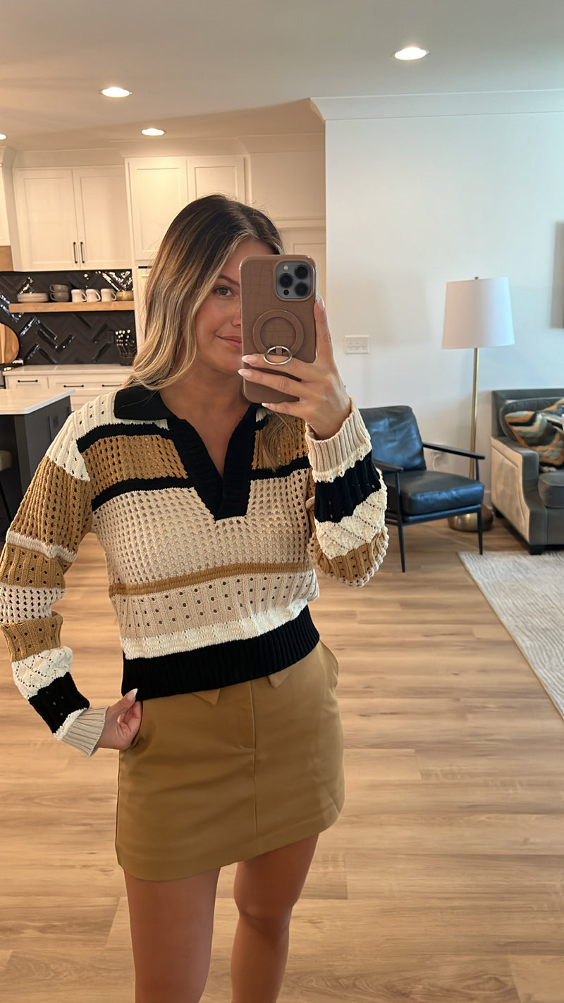 Pointelle Collared Sweater, White-Taupe-Black