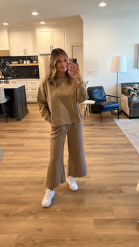 Textured Long Sleeve Top and Cropped Wide Leg Pant, Tan
