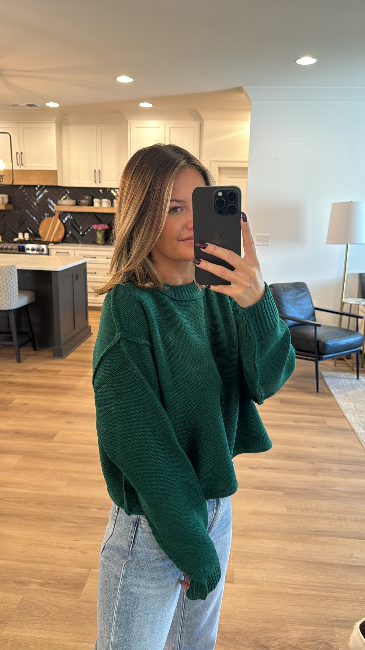 Oversized Cropped Sweater, Dark Green