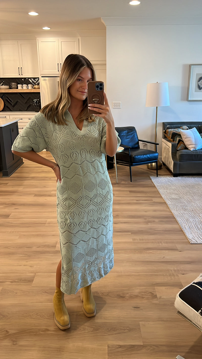 In the Sun Crochet Sweater Dress, Sage