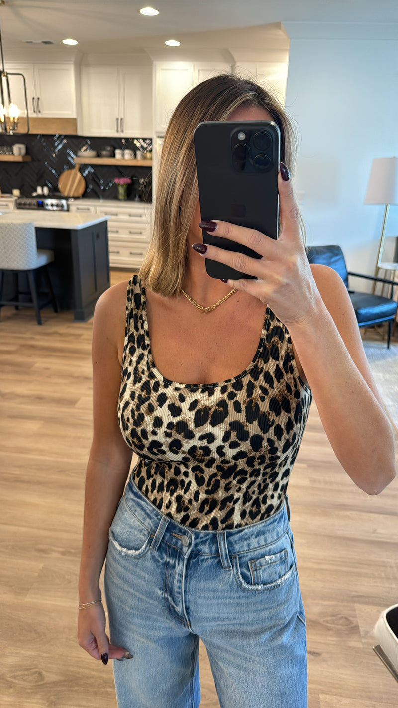 U-Neck Sleeveless Ribbed Bodysuit, Cream-Black Animal Print