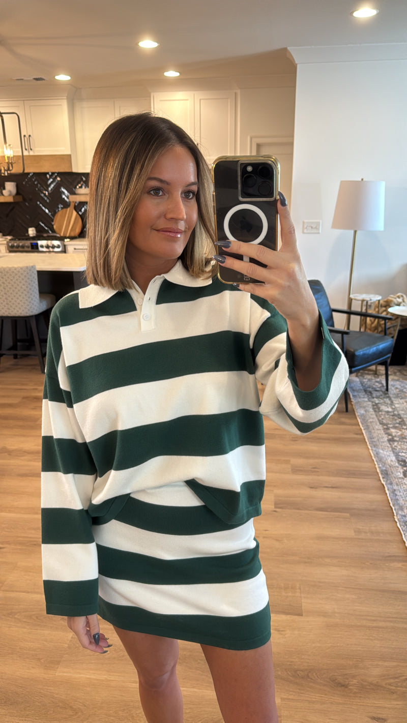 Striped Boxy Sweater and Mini Skirt Set, Green-White Stripe