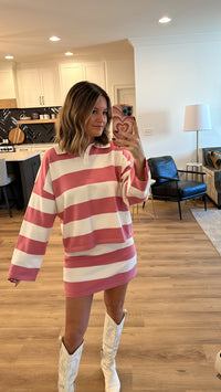 Striped Boxy Sweater and Skirt Set, Pink-White Stripe
