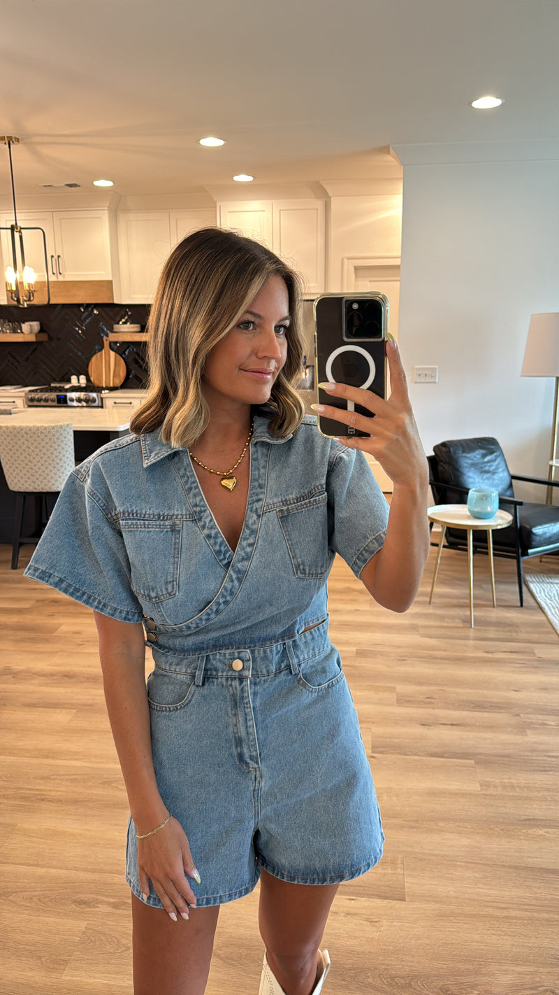 Cut Out Wrap Denim Romper, Denim