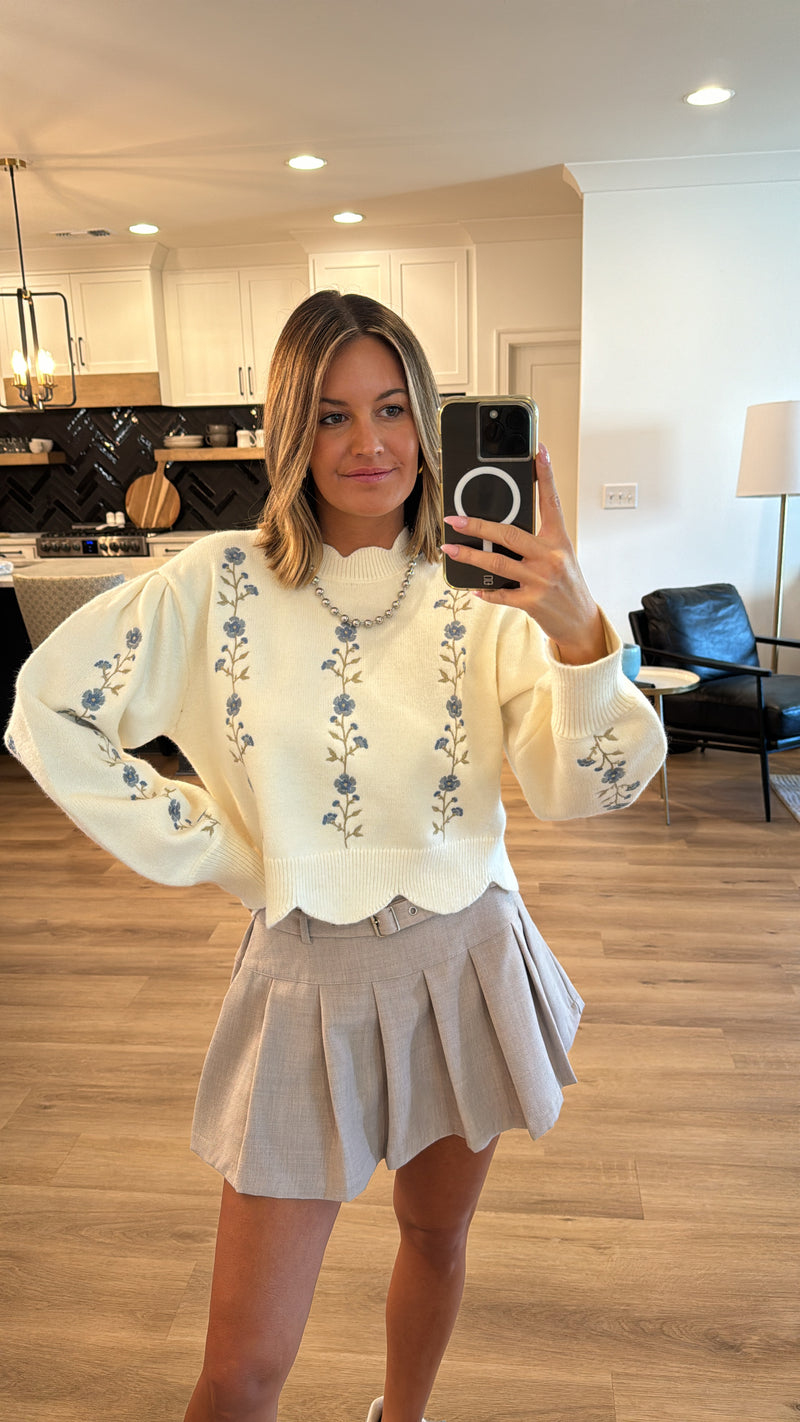 Embroidered Scalloped Sweater Top, Cream