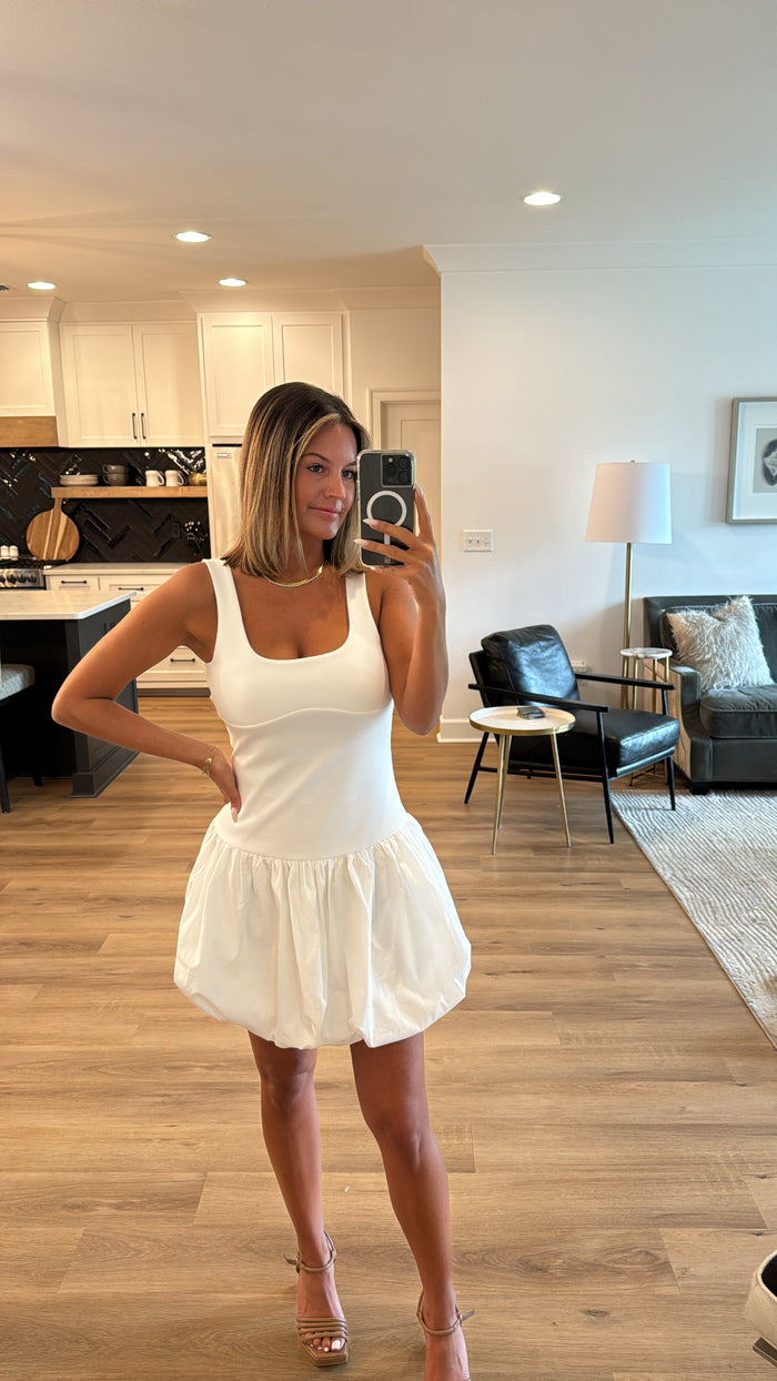 Drop Waist Bubble Mini Dress, Off White