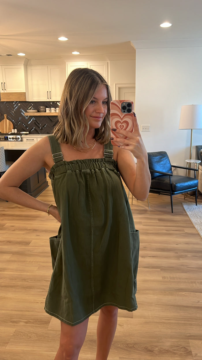 Overall Cotton Dress, Olive