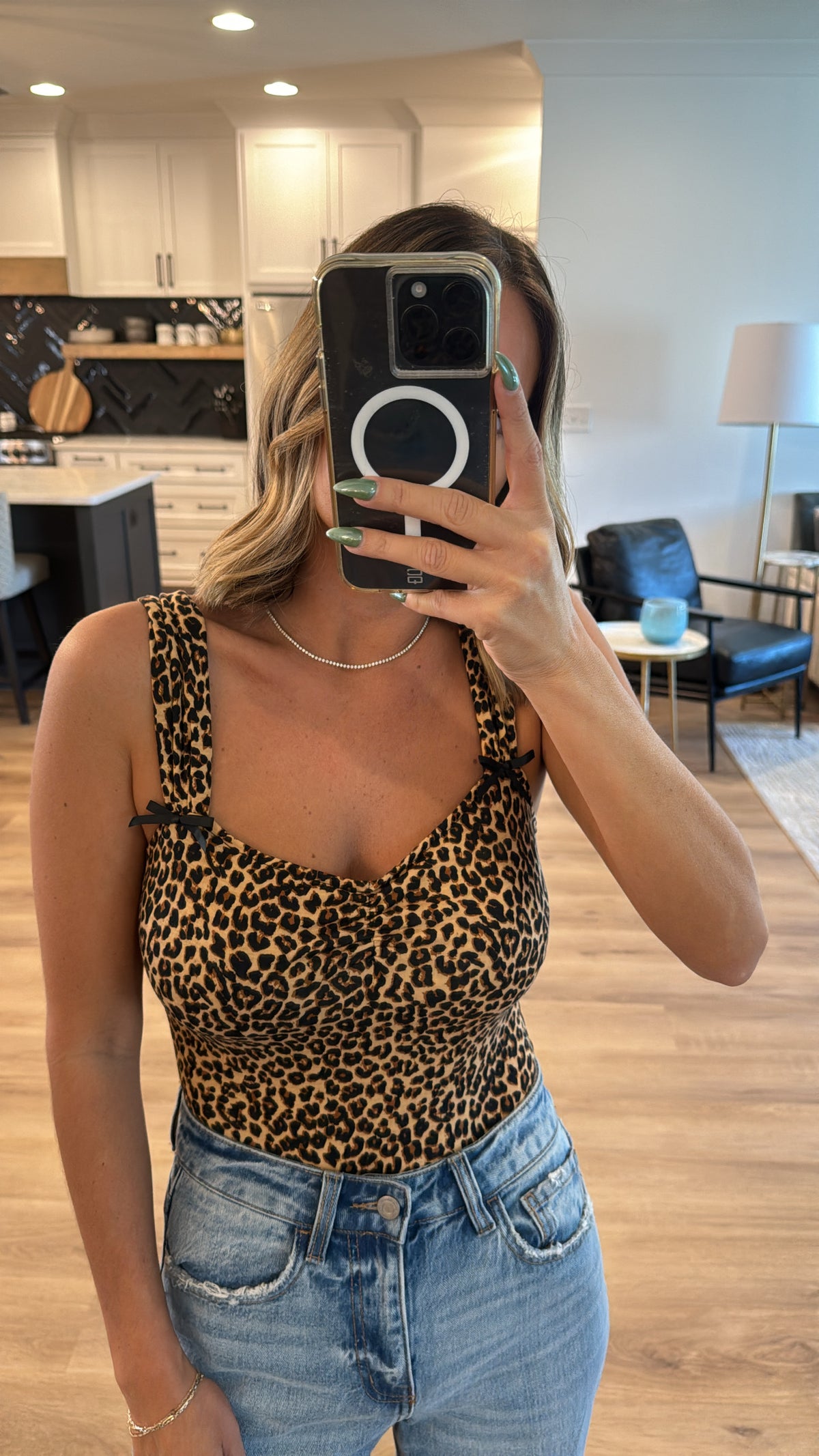 Leopard Ribbon Trim Bodysuit, Tan-Black Leopard