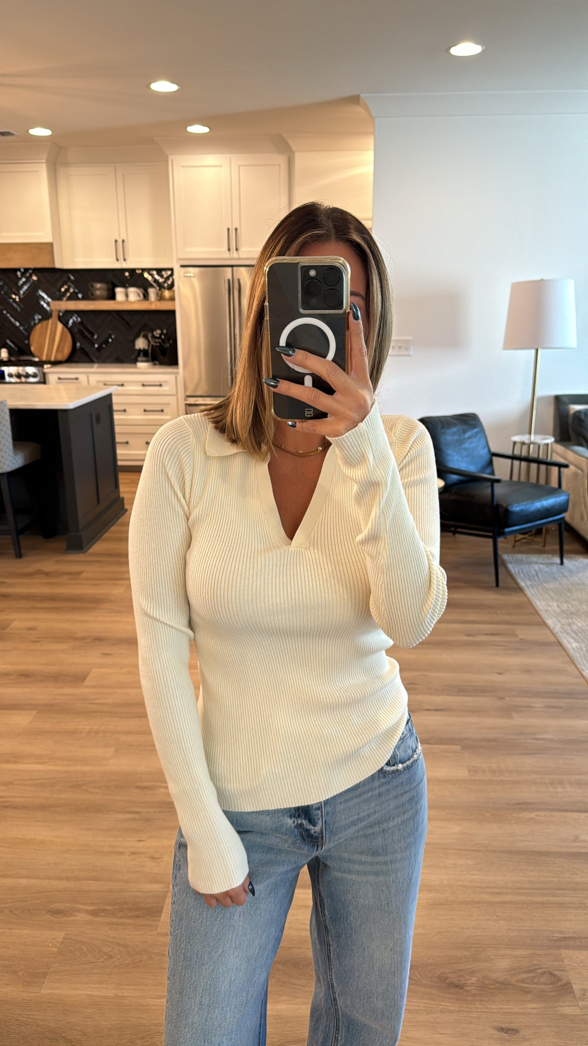 Stretchy Ribbed Collared Sweater Top, Cream