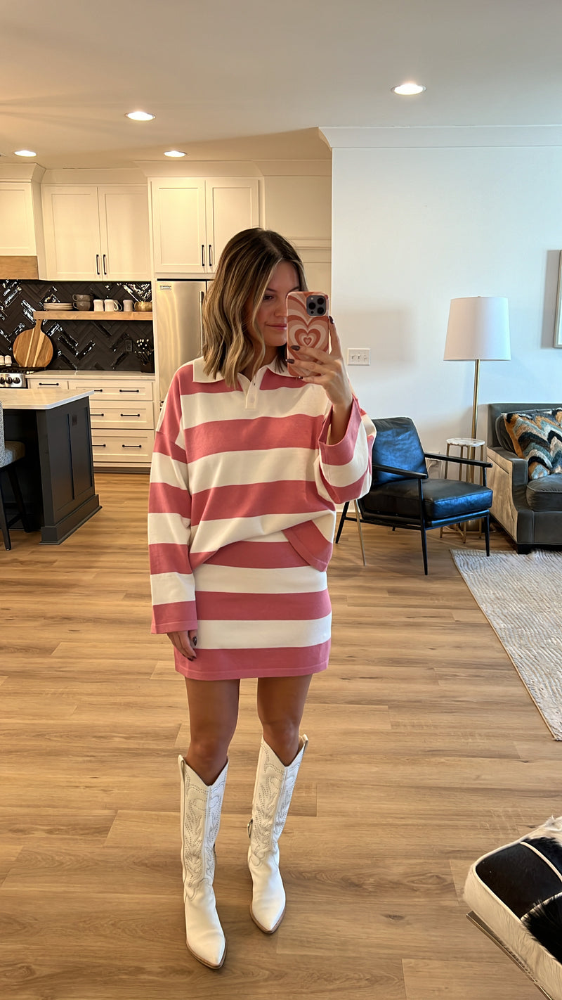 Striped Boxy Sweater and Skirt Set, Pink-White Stripe