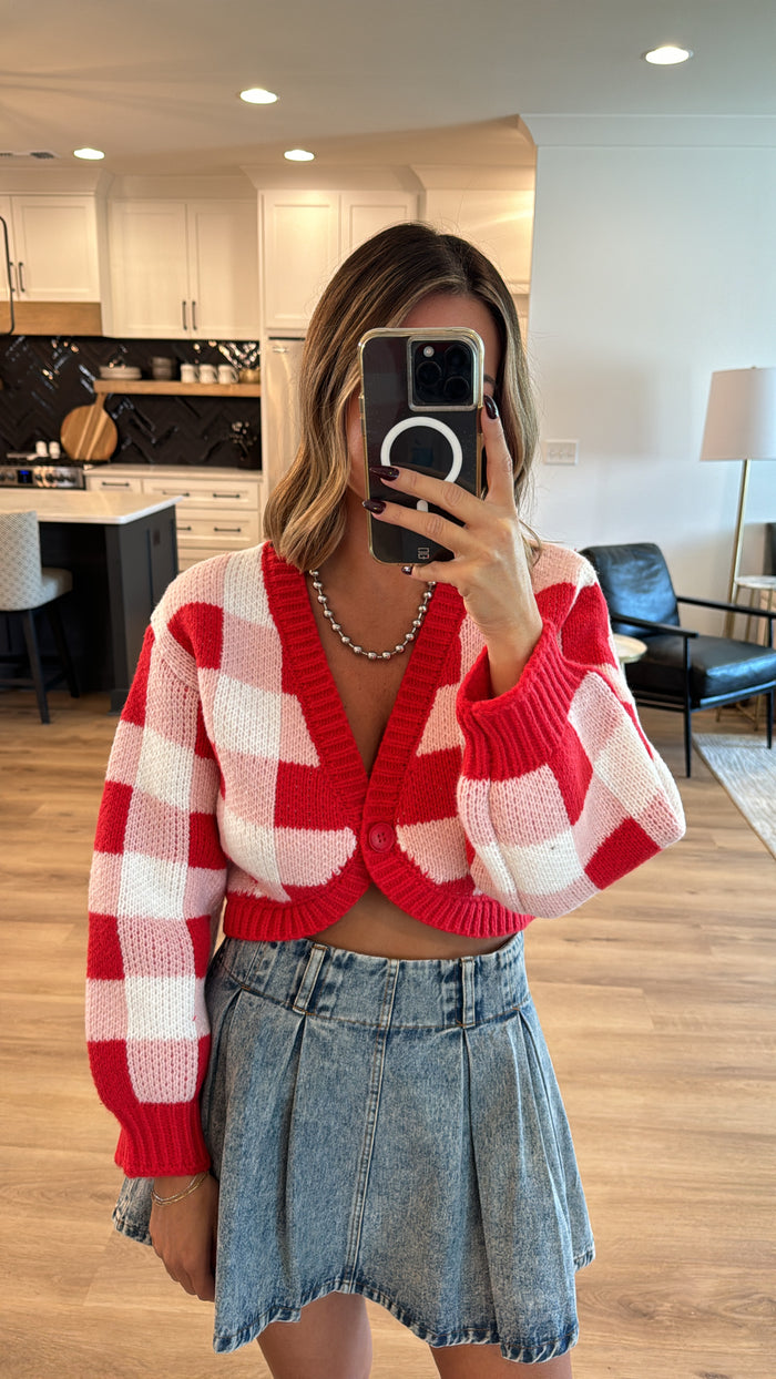 Chunky Plaid Mini Cardigan, Red Multi