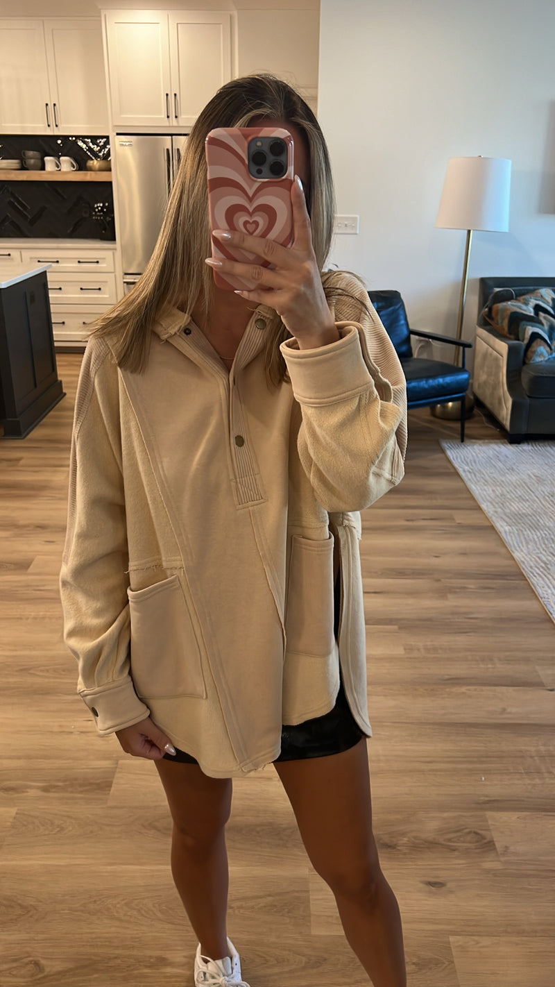Mixed Media Pullover Hoodie, Oat