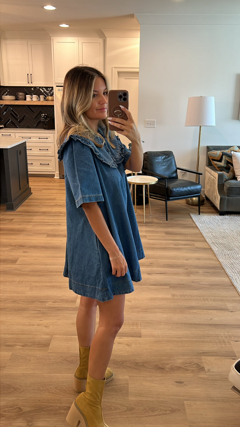 Peter Pan Collar Denim Mini Dress, Dark Denim