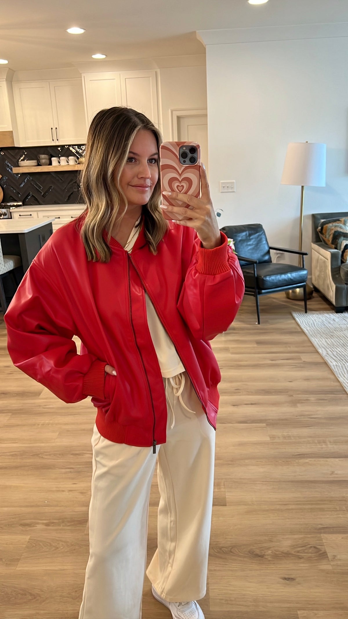 Red Hot Faux Leather Bomber, Red