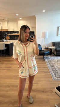 Embroidered Button Down Shirt and Short Set, Taupe