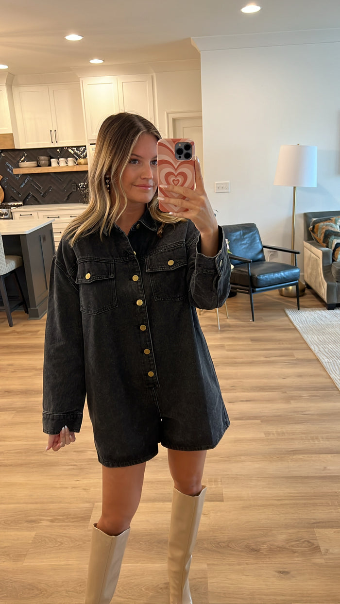 Relaxed Fit Long Sleeve Button Up Denim Romper, Washed Black Denim