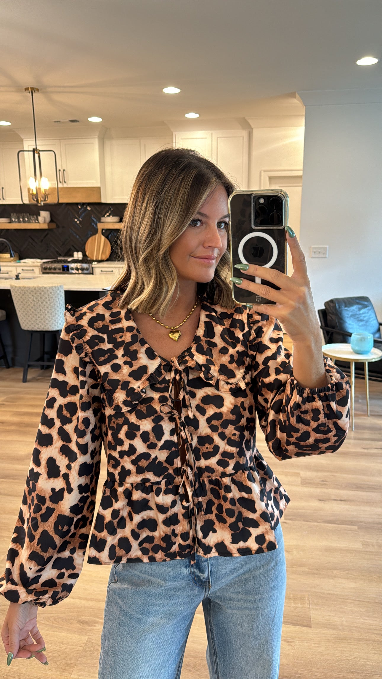 Leopard Tie Front Long Sleeve Blouse Leopard