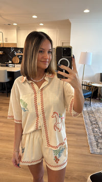 Embroidered Button Down Shirt and Short Set, Taupe