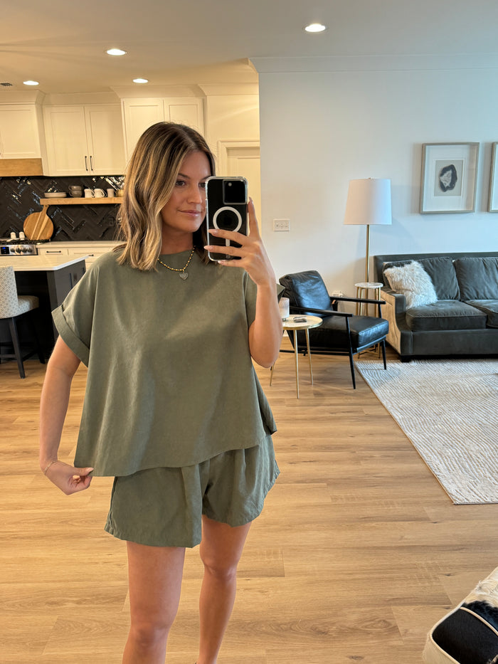 Relaxed Fit Top and Short Set, Olive