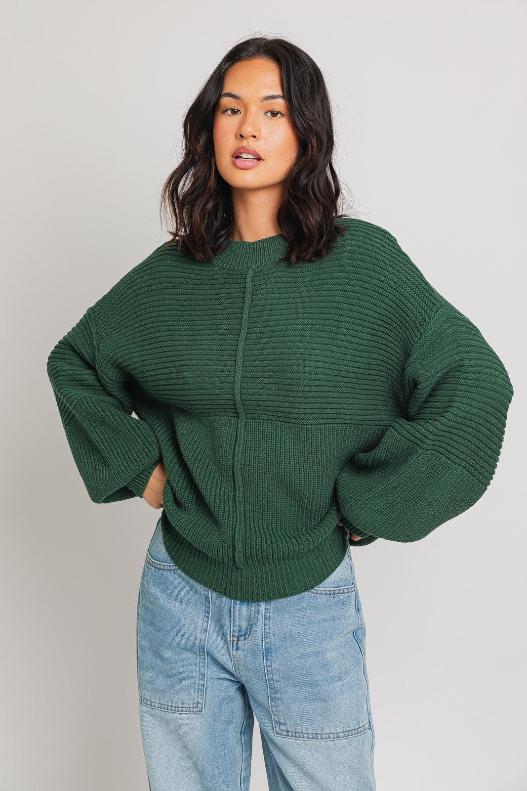 Ribbed Knitted Sweater, Green