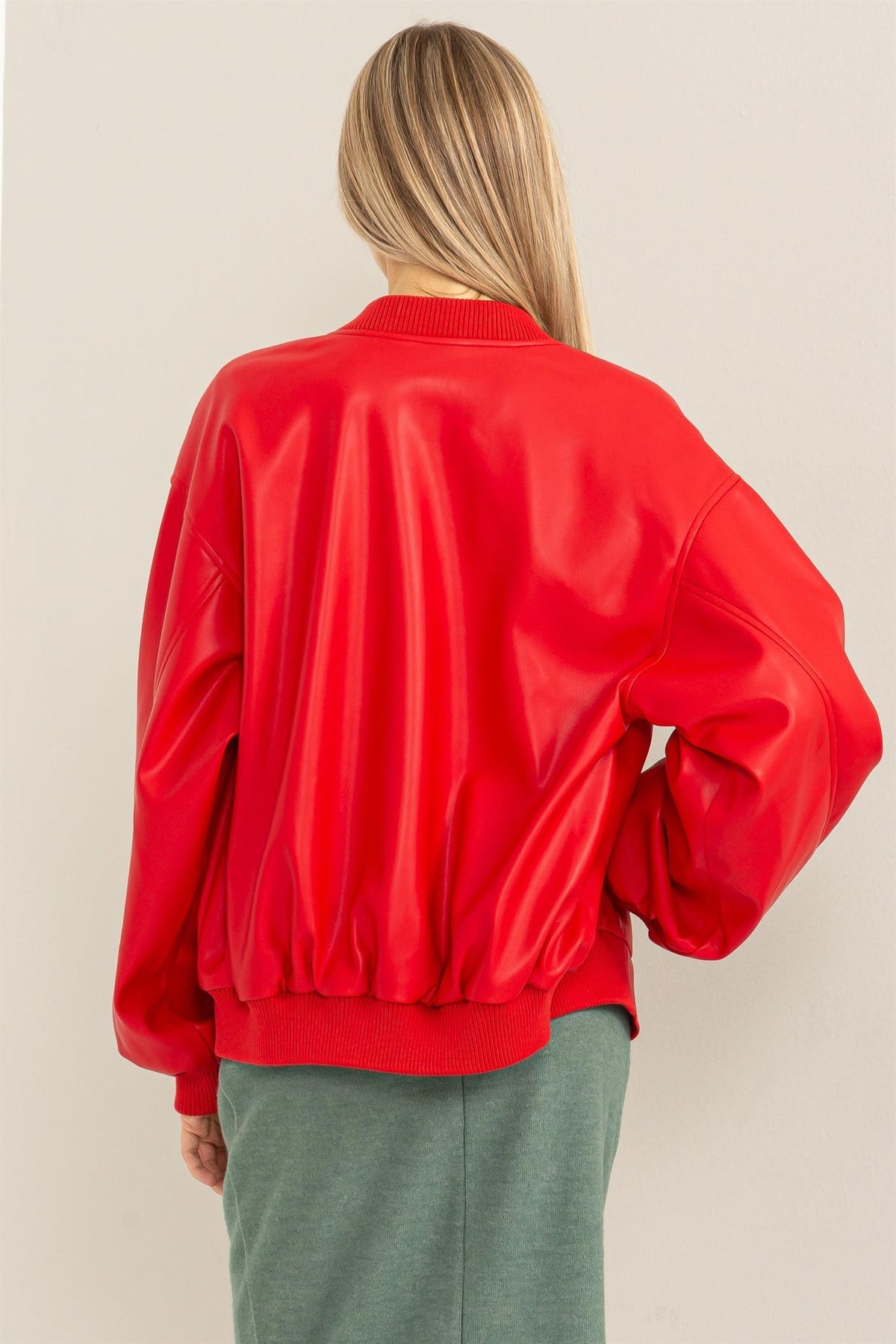 Red Hot Faux Leather Bomber, Red