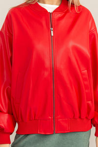 Red Hot Faux Leather Bomber, Red