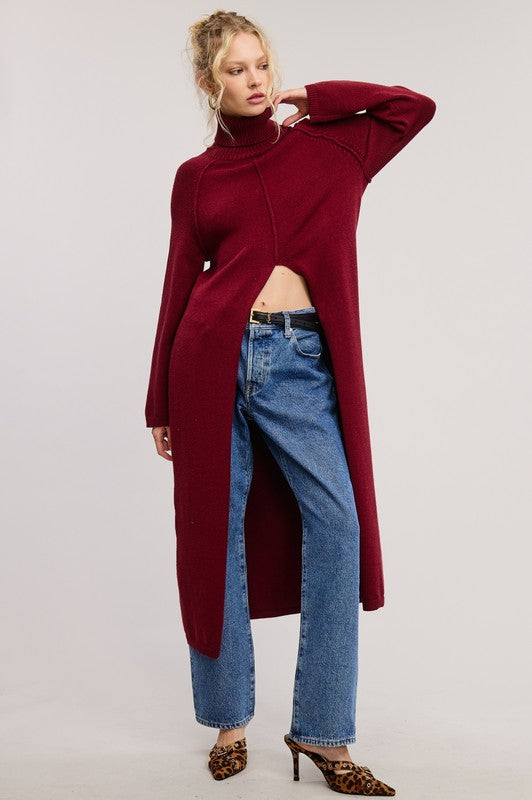 Turtleneck Long Sweater Top, Burgundy