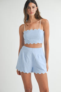 Contrast Scalloped Detail Crop Top and Short Set, Blue