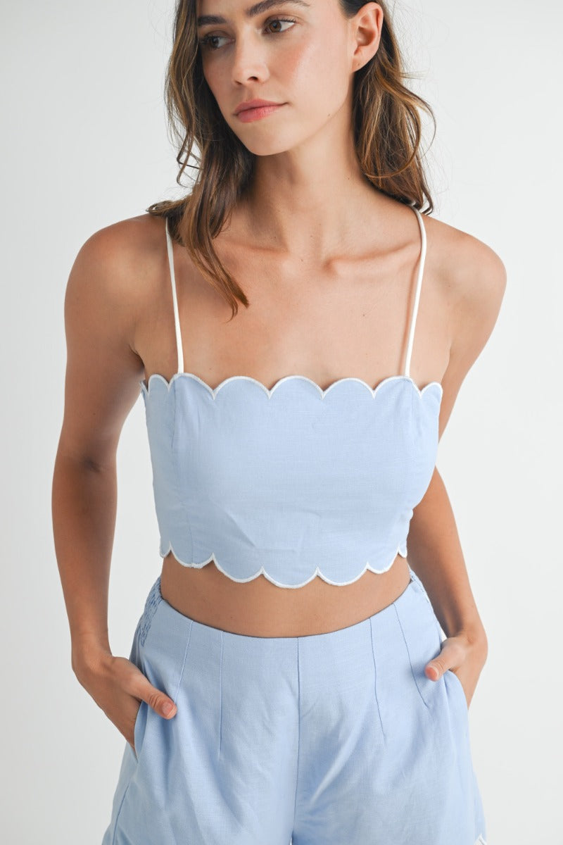Contrast Scalloped Detail Crop Top and Short Set, Blue