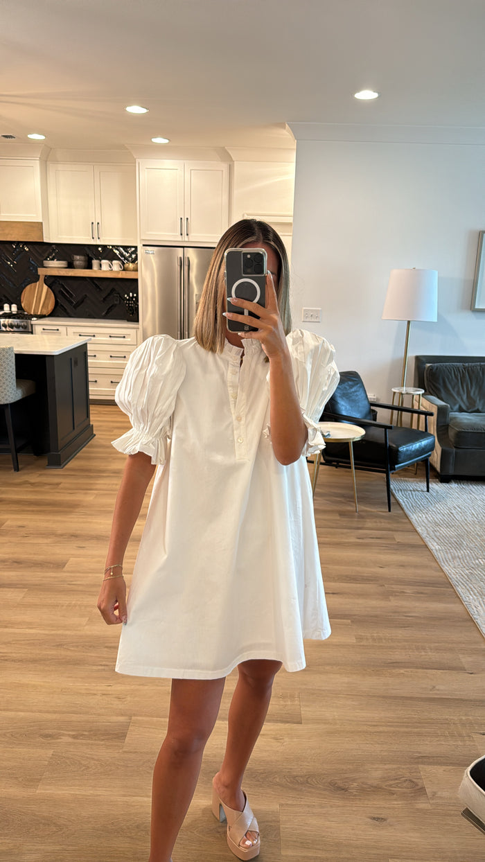 Poplin Pleated Shirt Dress, Off White