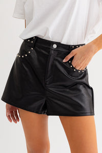 Faux Leather Studded Shorts, Black