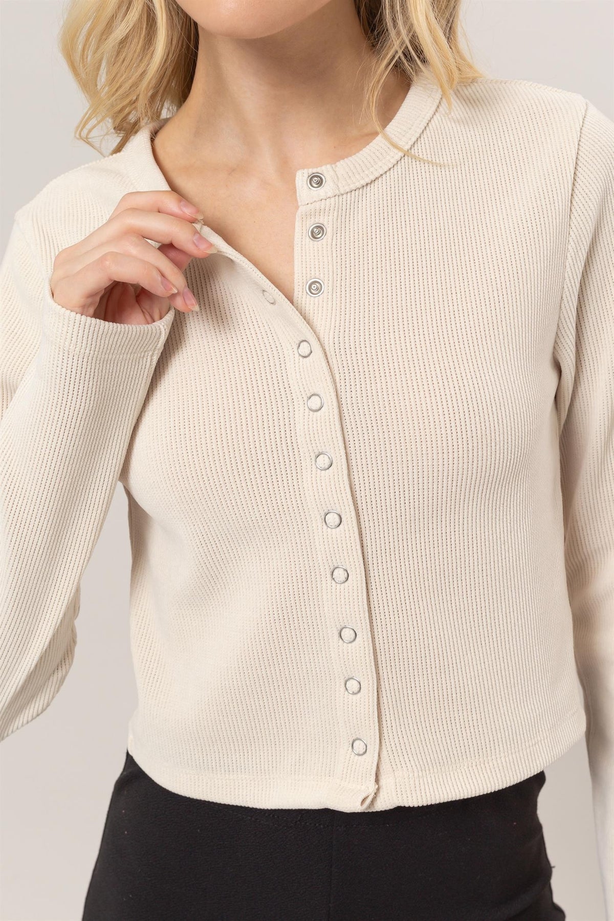 Snap Front Ribbed Long Sleeve Top, Cream