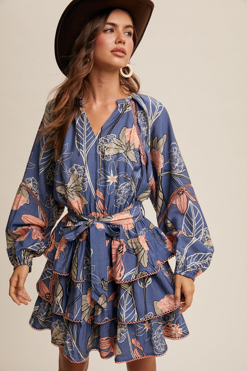 Floral Tiered Mini Dress, Denim Blue