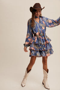 Floral Tiered Mini Dress, Denim Blue